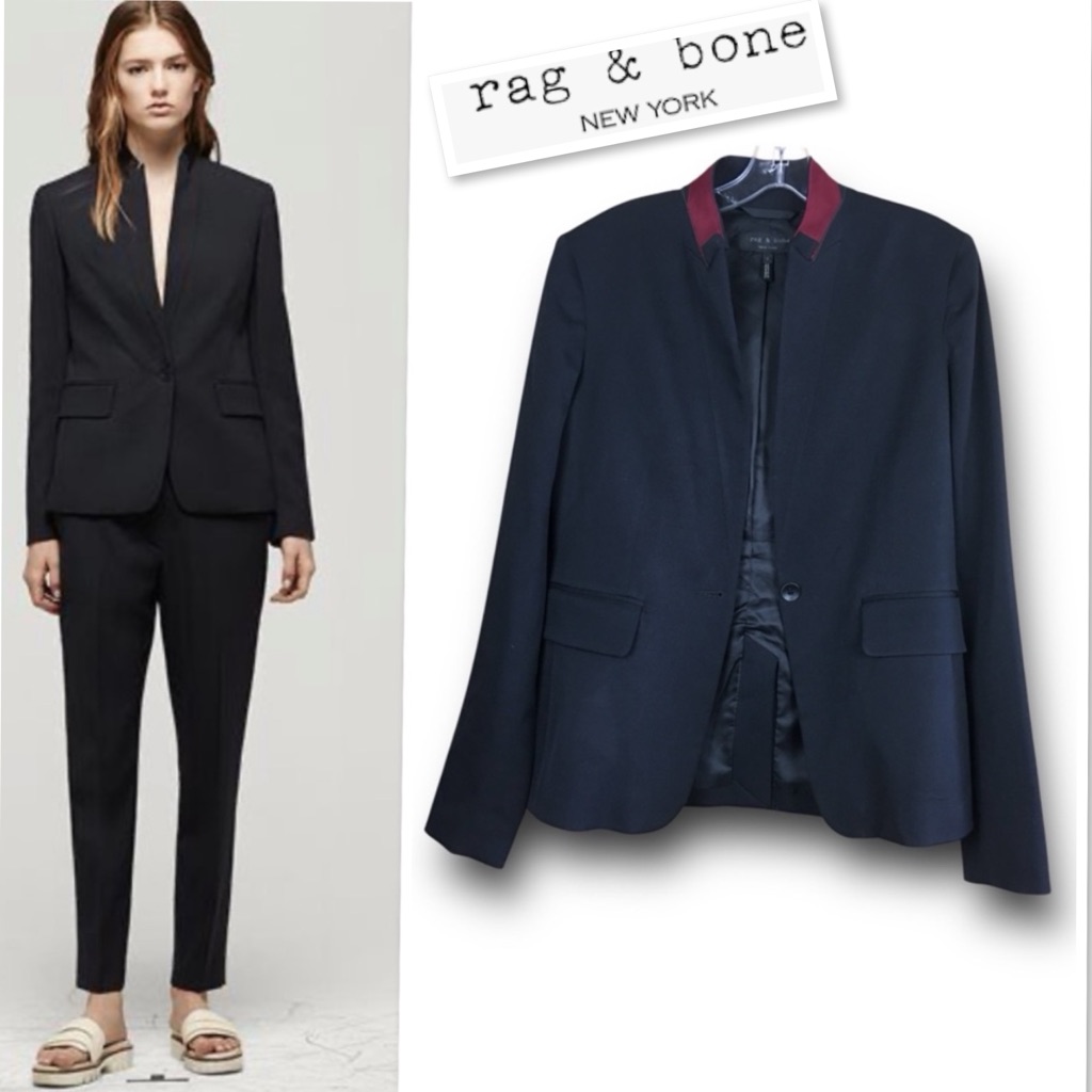 Rag & Bone Archer Wool Red Oxblood Standing Collar Blazer In Black Size 6